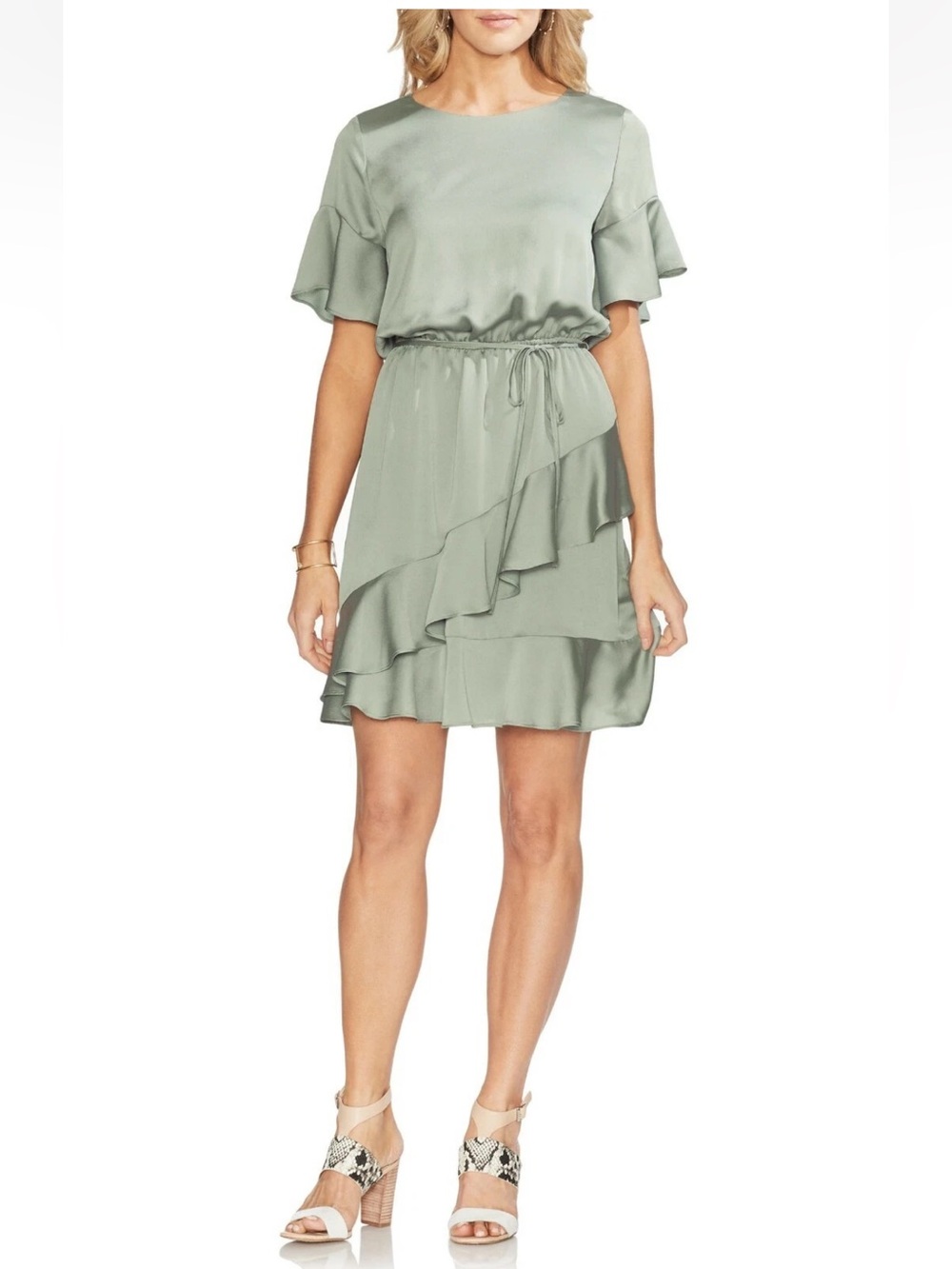 Vince Camuto Sage Satin Ruffle Drawstring Mini Dress